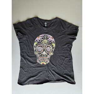 Sugar Skull Graphic Halloween T-Shirt Black XL Cotton Short Sleeve Womens Top